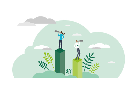 Opportunity as vision for chances for business target tiny persons concept. Competitors looking for future company plans and achieve success using motivational inspiration scene vector illustration.