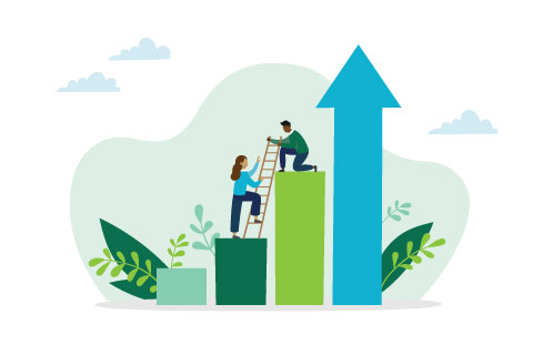 Business mentor helps to improve career and holding stairs steps vector illustration. Mentorship, upskills, climb help and self development strategy flat style design business concept.